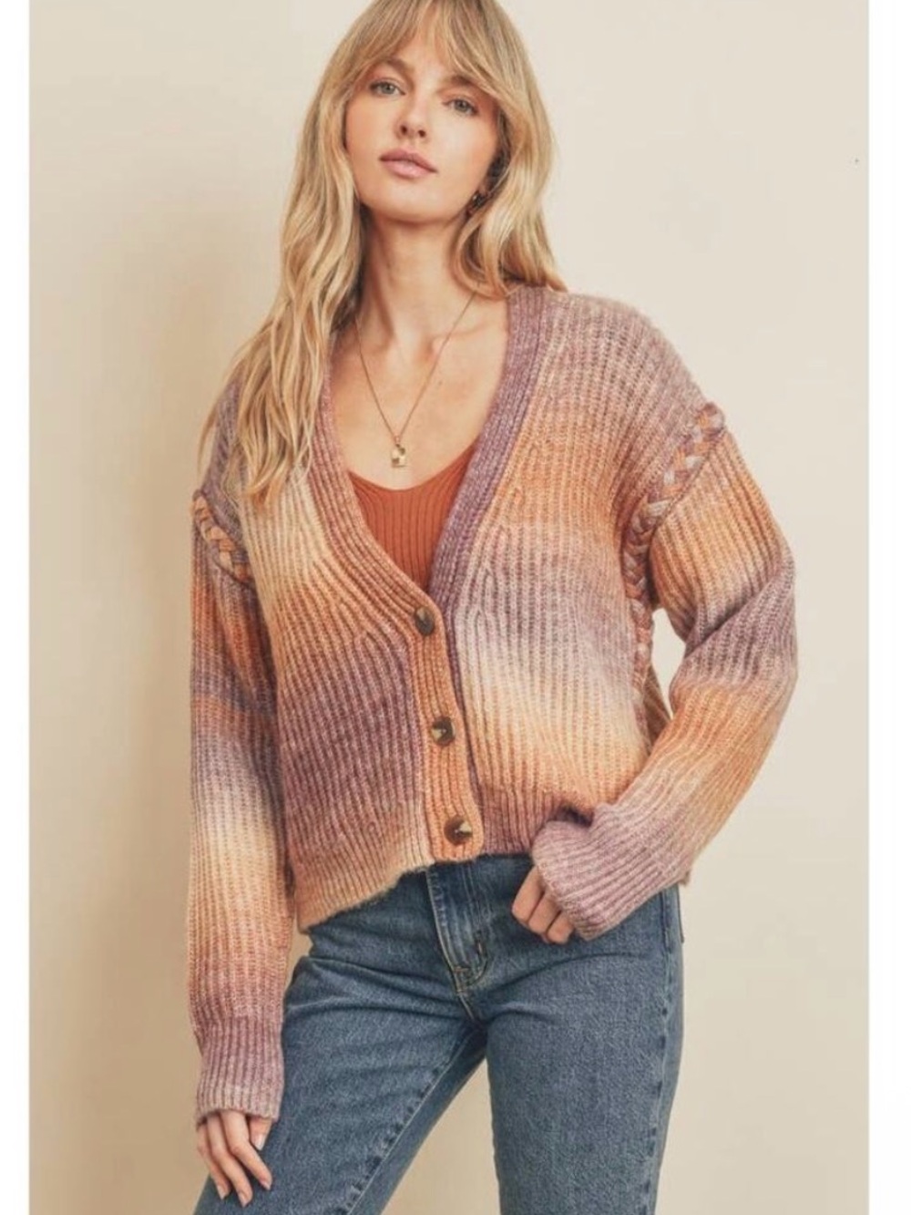 Women's Ombre Ribbed Button-Front Cardigan Sweater - Peach Purple Small